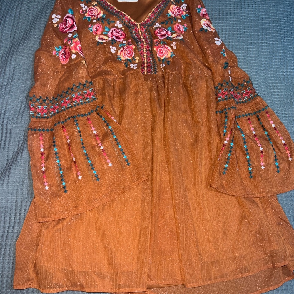 Savanna Jane Rust Midi Dress with Floral Embroidery